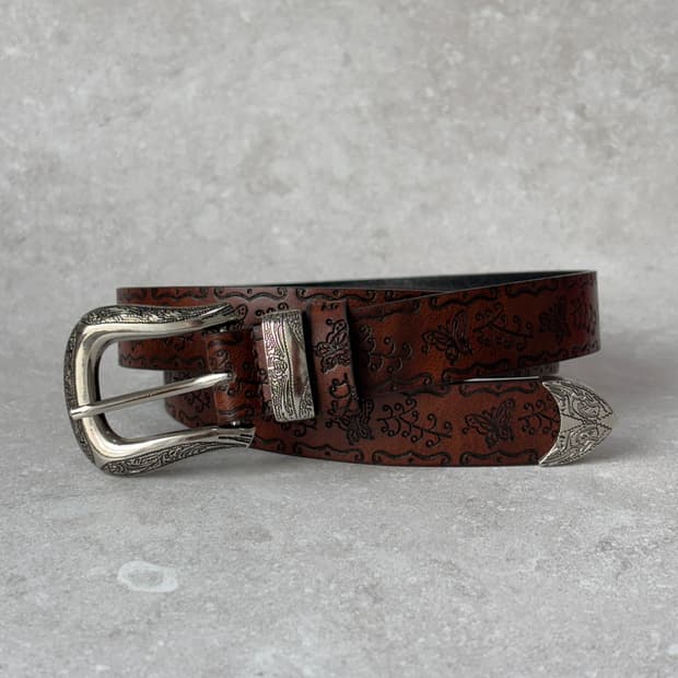 Oribell 에스닉 패턴 프린팅 클래식 웨스턴 가죽 벨트 브라운