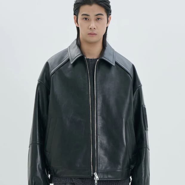 준지 워싱 레더 스탠칼라 항공 점퍼 블랙