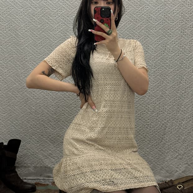 페미닌 레이스코어 에스닉 티어드 셔링 반팔 미니원피스 K0501
