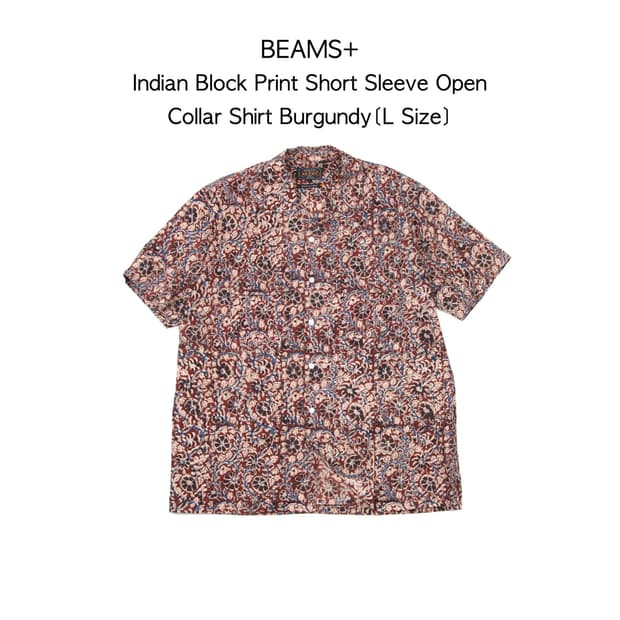 Beams+ 인디안 블록프린트 숏슬리브 오픈칼라 셔츠 버건디