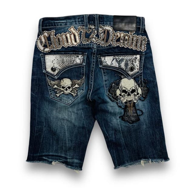 펑크 클라우드 파이톤 스컬 크로스 데님 하프 팬츠