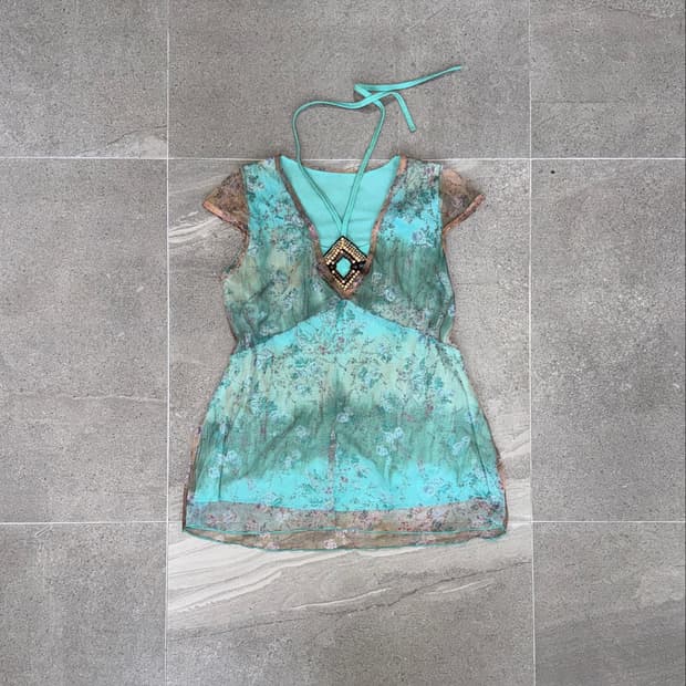 Mint brown ethnic floral halter blouse