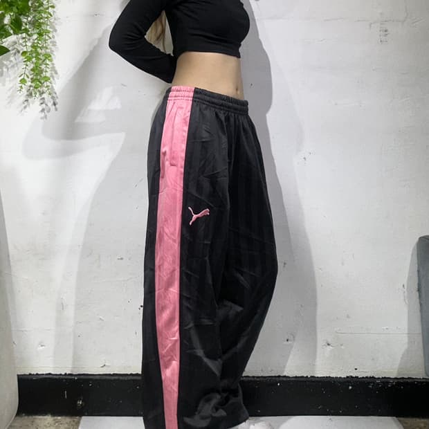 푸마 차콜 핑크 사이드 라인 와이드 팬츠 M