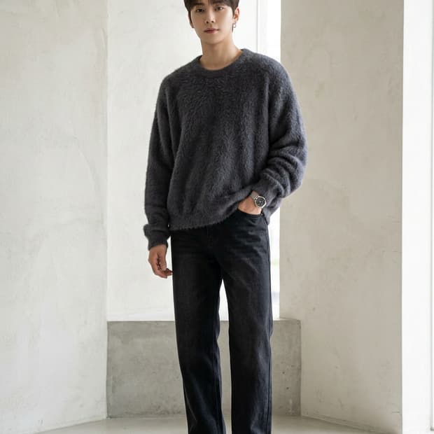 디미트리블랙 차콜 헤어리 라운드 니트