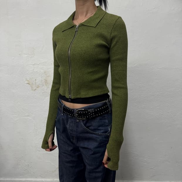 SLY JAPAN 올리브컬러 워시드 리브드 쇼트 집업 가디건