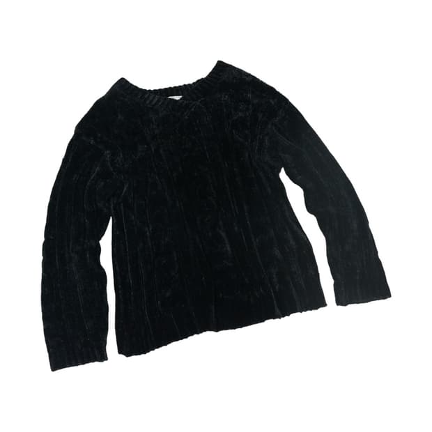 블랙 벨벳 셔닐 꽈배기 브이넥 니트