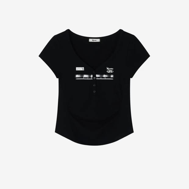 Zen Button Henley Neck Top Black
