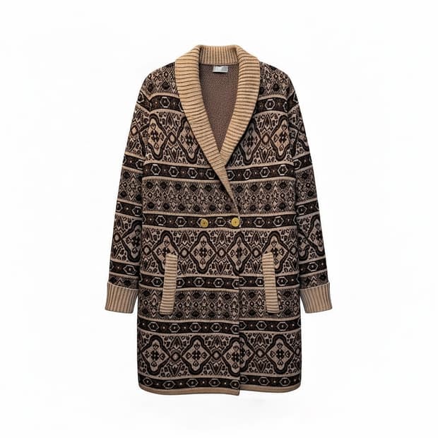 ITALY VINTAGE 롱 울 가디건 에스닉 패턴 투포켓 디테일 브라운