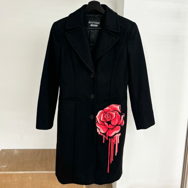 모스키노 로즈 프린팅 블랙 울 코트