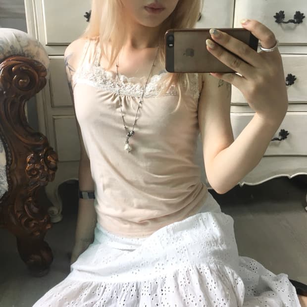 jpn vintage 핑크베이지 레이스 슬리브리스