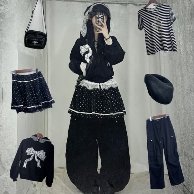 무채색 도트 니혼진 데일리 러블리힙 러힙 코디세트 
