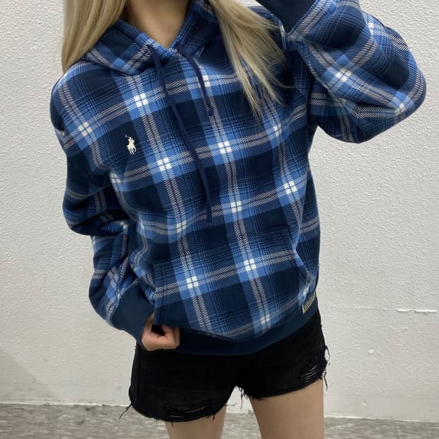 폴로 랄프로렌 화이트포니 블루 타탄체크 기모 후드 M