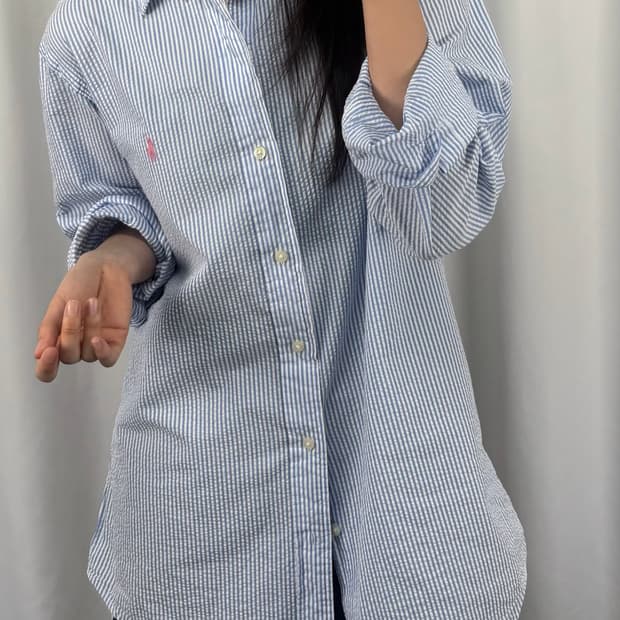 폴로 블루 클래식 핏 시어서커 스트라이프 셔츠