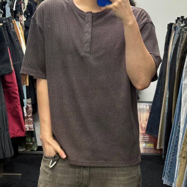 빅유니온 헨리넥 스트라이프 반팔 니트 갈색 브라운 차콜 S 웨스턴 오버핏