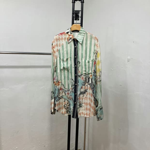발망(Balmain) 럭셔리 실크 블렌드 드로우 그래픽 프린팅 블라우스