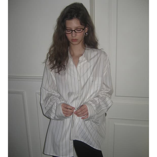 오버듀플레어 코튼 오버사이즈드 셔츠 아이보리 스트라이프