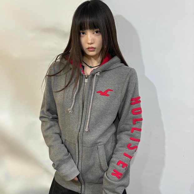 90s HOLLISTER 그레이 & 레드 배색 집업 후드티