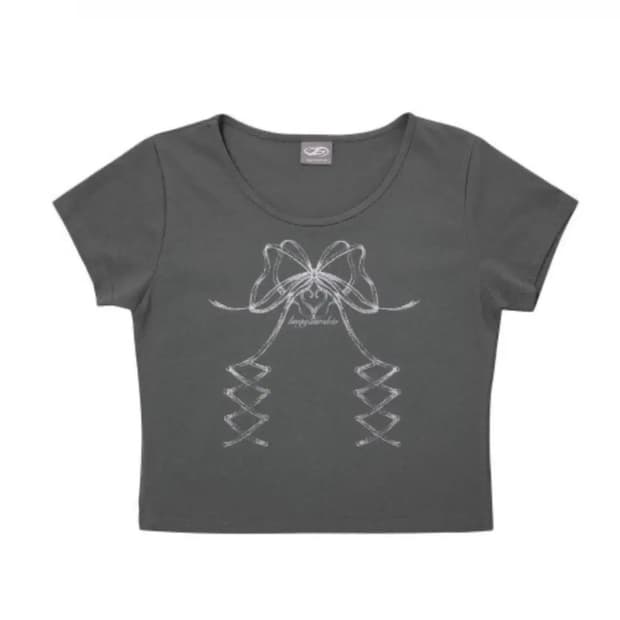 허그유어스킨 리본 코르셋 티셔츠 챠콜