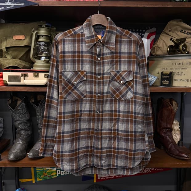 80s 펜들턴 퓨어 버진 울 플란넬 워크 체크 셔츠 펄 스냅 N123