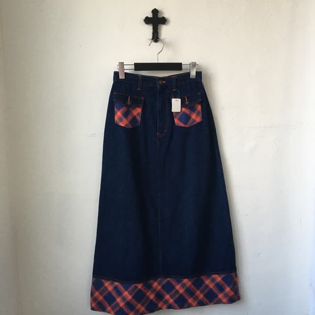 Check pattern layer denim skirt