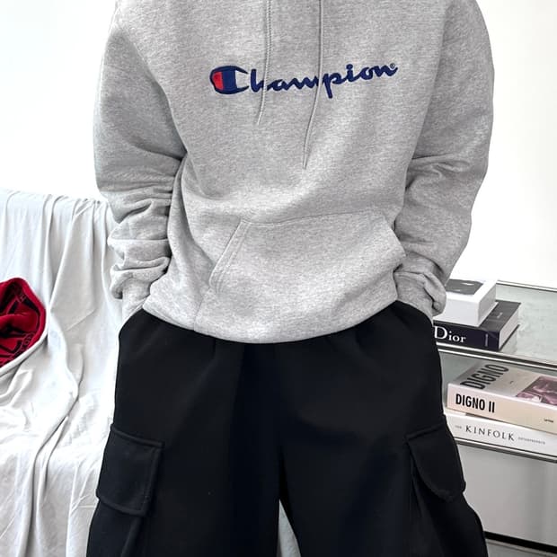 챔피온 어센틱 그레이 빅로고 후드티 M