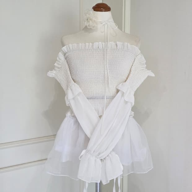 빈티지 화이트 로판 히메 스모크 쉬폰 오프숄더 블라우스