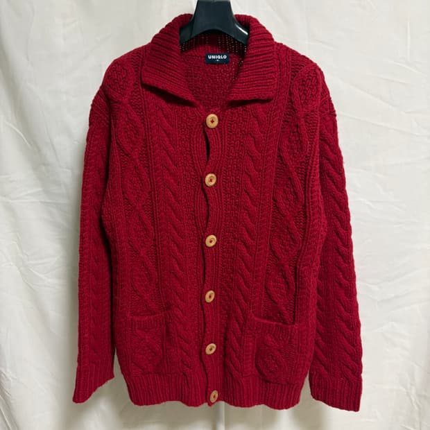 유니클로 울 케이블 카라 가디건 / 레드, M