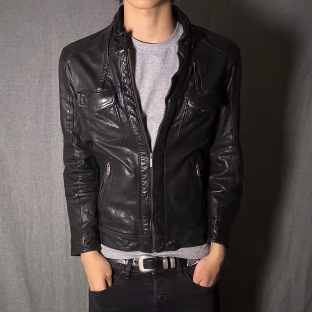 블랙 레더 양가죽 라이더 자켓