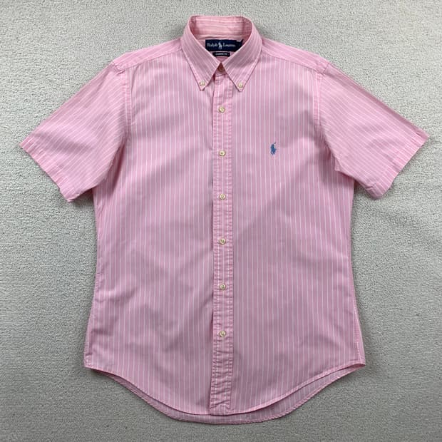 폴로 랄프로렌 포니로고 클래식핏 핑크 스트라이프 하프셔츠