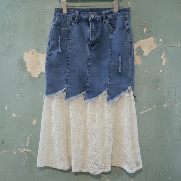 데님 레이스 롱 스커트 XL