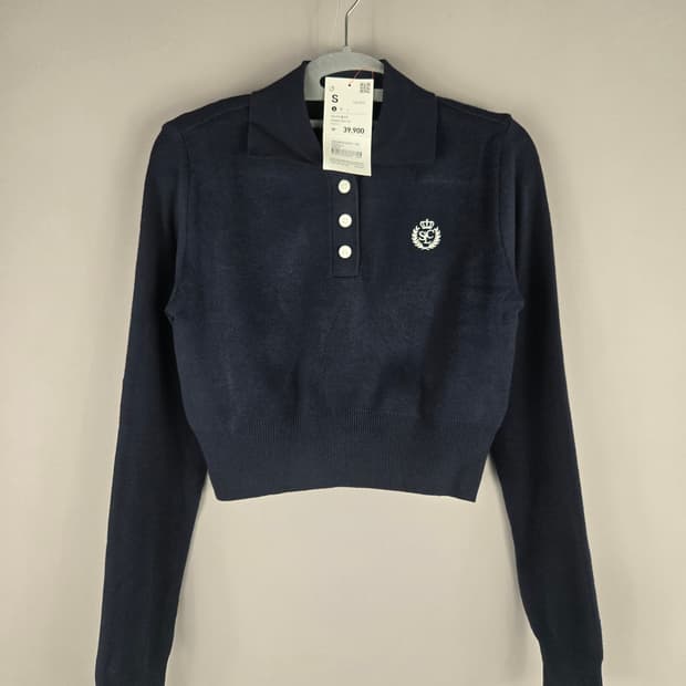 [무료배송]새상품 스파오 S 여성 자수 카라 풀오버 세미 크롭 니트