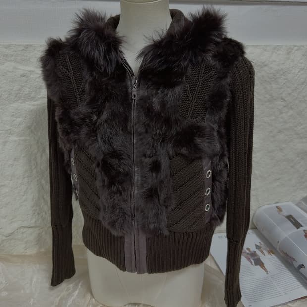 빈티지 브라운 폭스퍼 후드 꽈배기 토끼털 니트자켓 후드집업