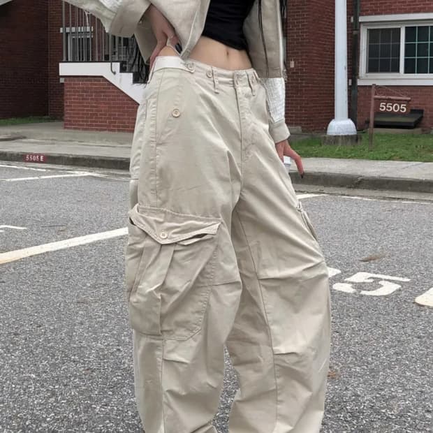 Ootj 벨 카고 팬츠 조거팬츠 와이드 카고 베이지