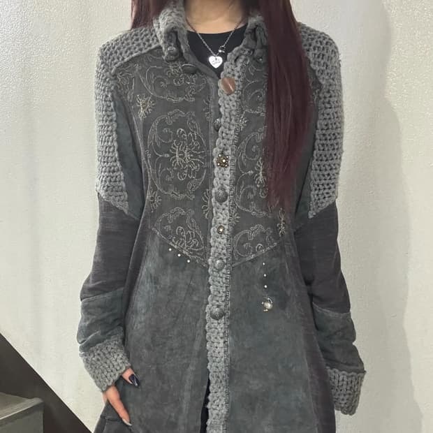 Grey Drop-Neck Mesh Detail Knit Cardigan