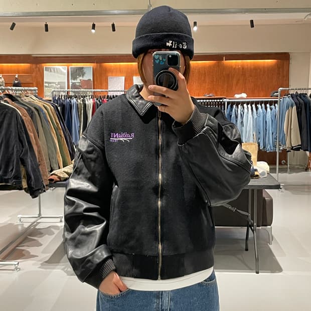 ID wear 가죽 울 바시티 자켓  