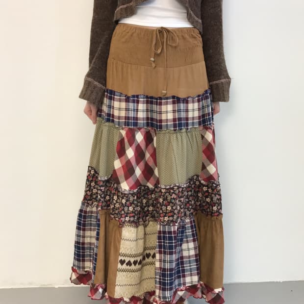 Jpn Mixed Patchwork Tiered Long Skirt