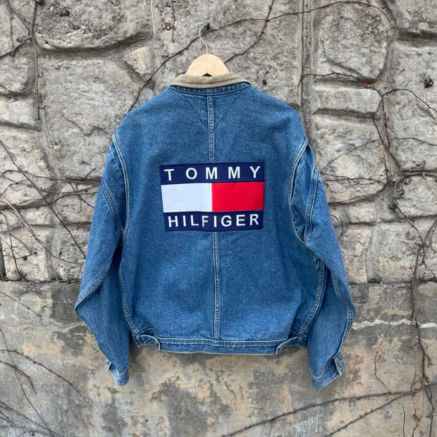 90s 타미힐피거 빈티지 빅 로고 데님 자켓 L
