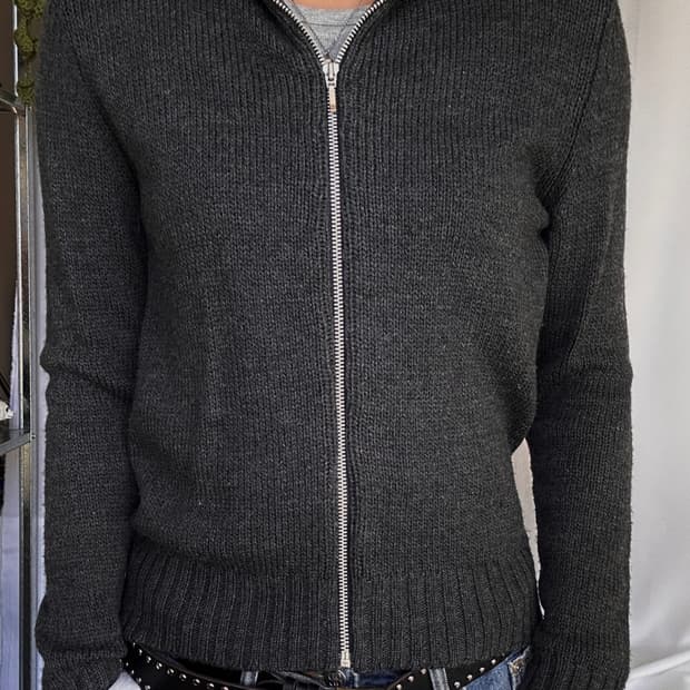 빈티지 울 풀집업 차콜 니트 가디건