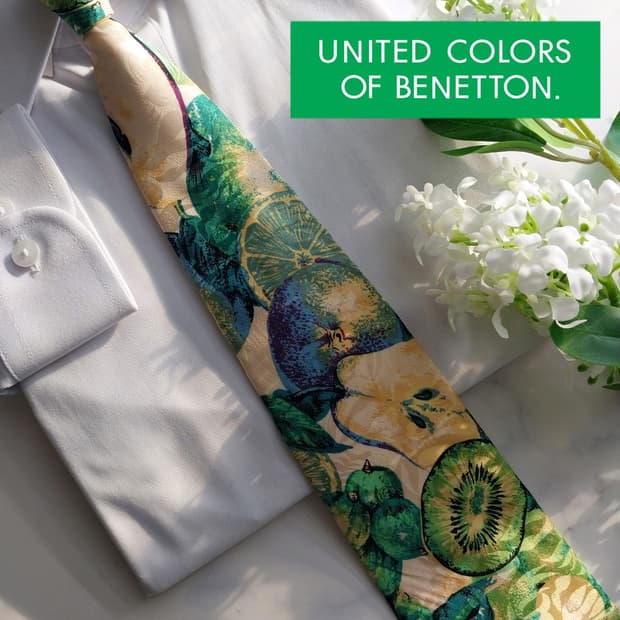 베네통 실크 그린 라임 아트 패턴 넥타이 9.5cm A+등급 K1441
