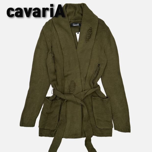 CAVARIA distressed belted showl cardigan