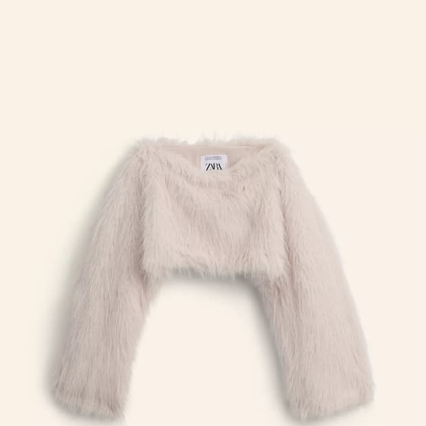 자라 페이크퍼 크롭 스웨트셔츠 xs-s 라이트베이지