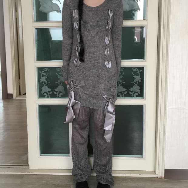 Lace up ribbon point knit onepiece