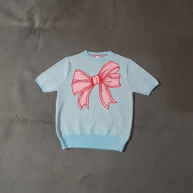 론론 리본 이태리 코튼 반팔 니트 소프트블루