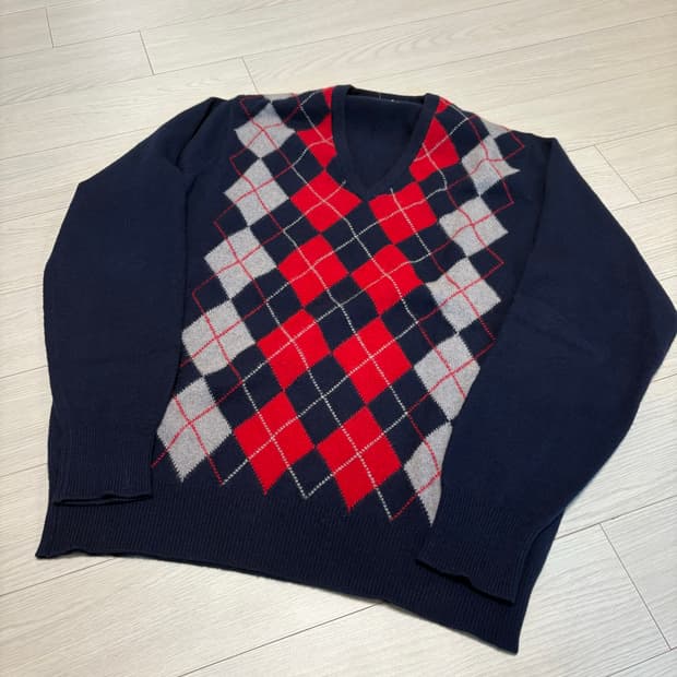 빈티지 네이비 아가일 체크 캐시미어 니트 100-103사이즈