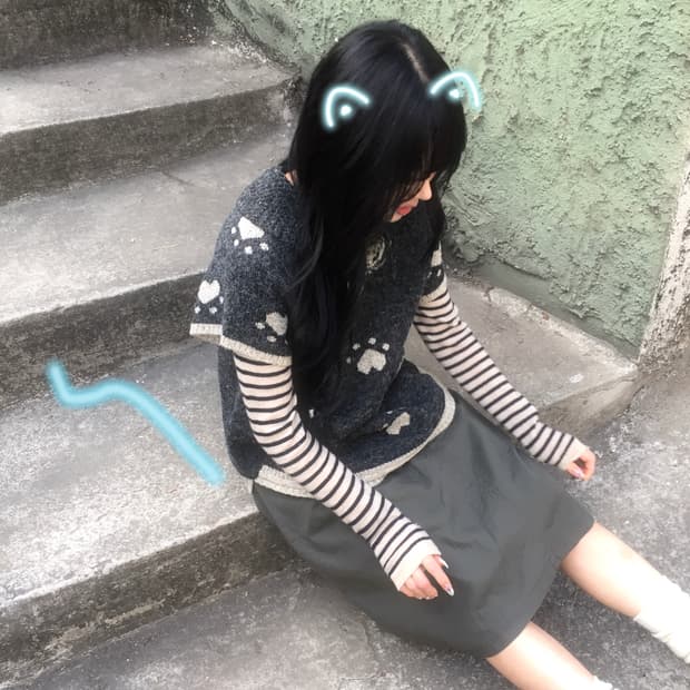 빈티지 고양이 니트 코디세트