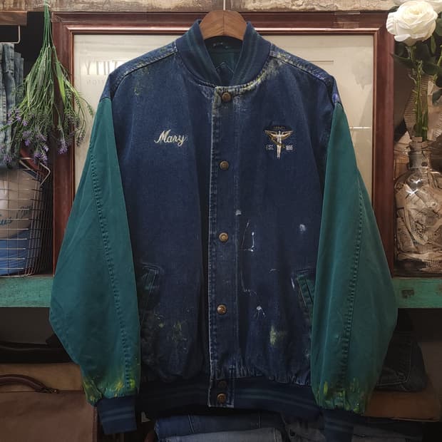 90s 빈티지 데님 바시티 자켓 엠브로이더리 페인팅 m
