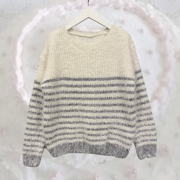 일본 빈티지 미니멀 그레이 스트라이프 퍼 앙고라 니트