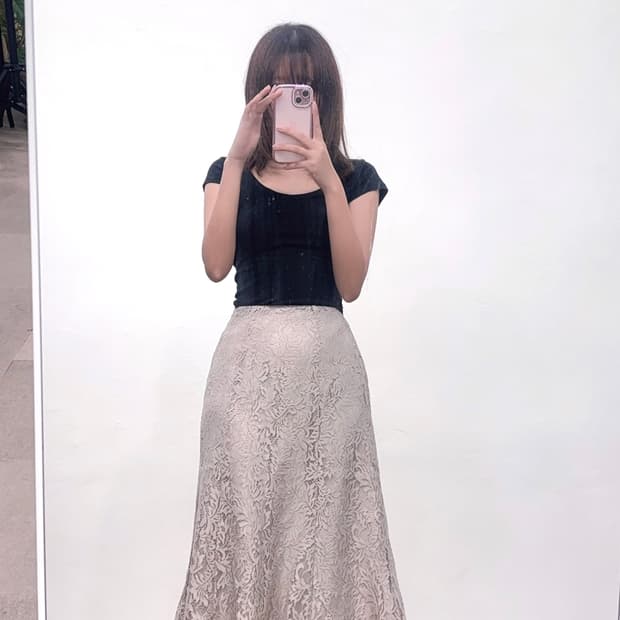 핑크베이지 레이스 미디스커트