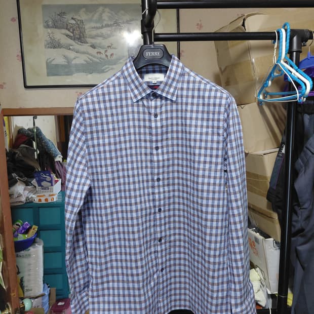 [프랑코페라로]여름용 면,마 혼방 체크셔츠 105사이즈