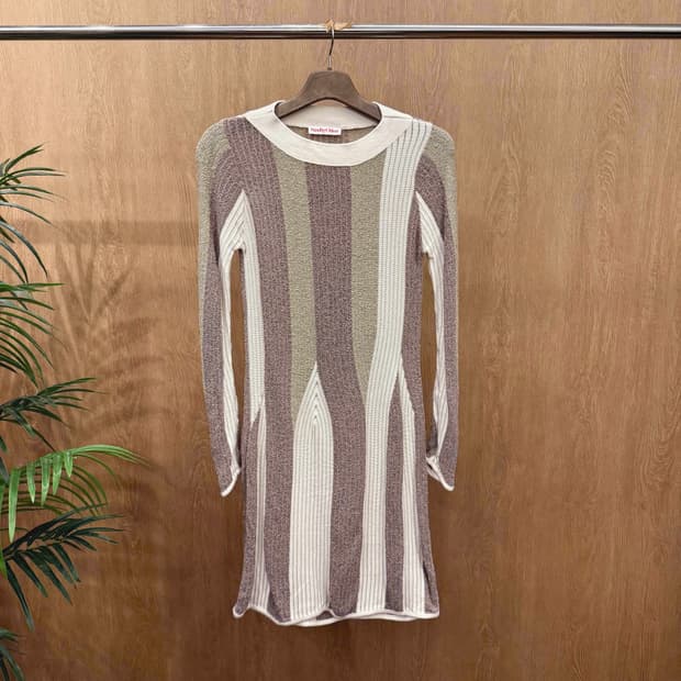 씨 바이 끌로에 니트 원피스 스트라이프 패턴 슬림핏 브라운 아이보리